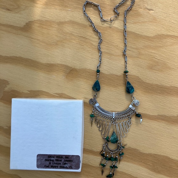 Sterling silver and turquoise boho architertural handcrafted necklace - Picture 2 of 3